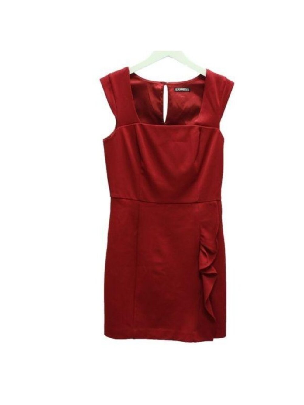 Express Red Side Ruffle Detail Dress Square Neck Keyhole Back - Picture 3 of 4